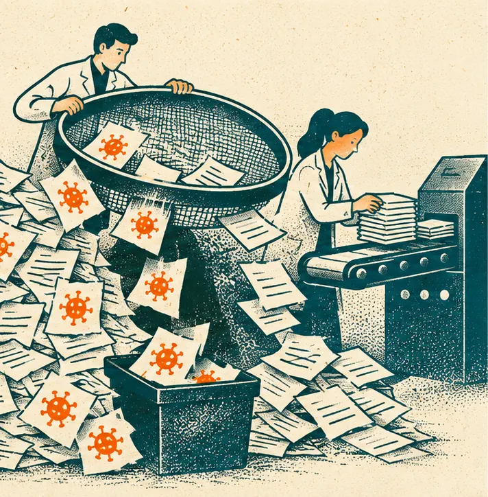 Scientists sift a huge pile of documents through a giant sieve, removing pages marked with virus symbols before feeding the rest to a machine shaped like a protein ribbon.