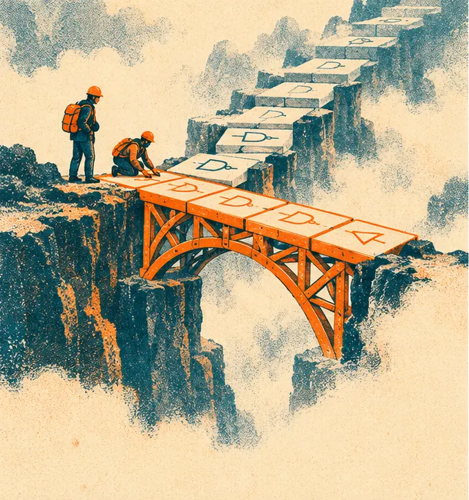 A steep staircase built of logic-gate tiles rises into fog; one completed bridge-like construction already spans part of it.