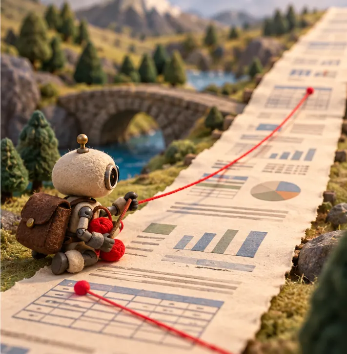 The robot stretches a bright thread from a table on an early page to a matching reference on a much later page.