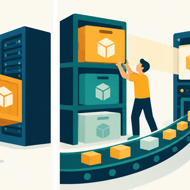 The crates are replaced by a shelf of sealed, numbered versions; a server mounts one and starts at once while pieces stream in on a conveyor only as they are needed.