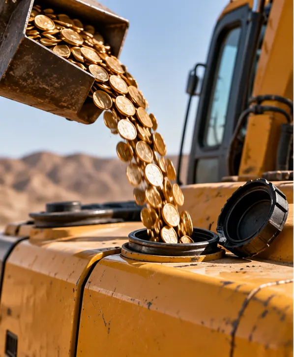A tall stack of coins flows like fuel into the tank of a large yellow excavator.
