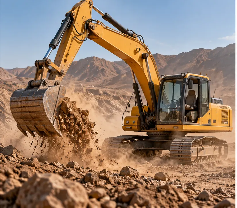 The excavator, its cab visibly empty with no driver, digs on its own at a remote dusty desert construction site.