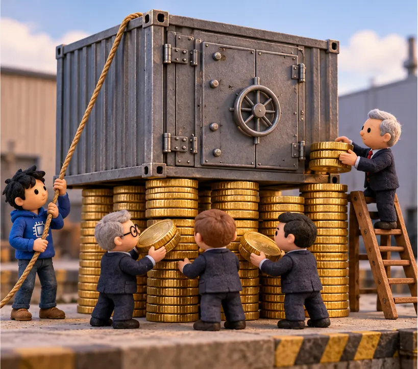Three bankers stack a thick first layer of coins beneath the container and a fourth investor adds a second layer; the chipmaker holds a rope tied to the container.