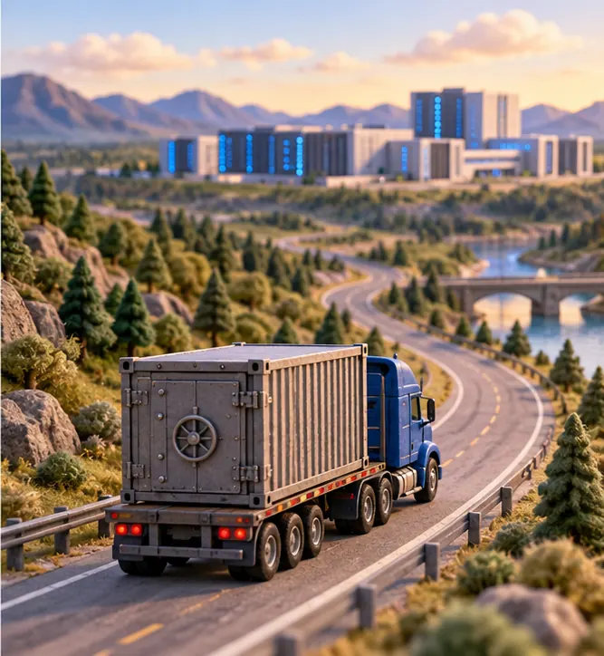 A truck carrying the container sets off on a long road toward a distant data centre on the horizon, still far from arriving.