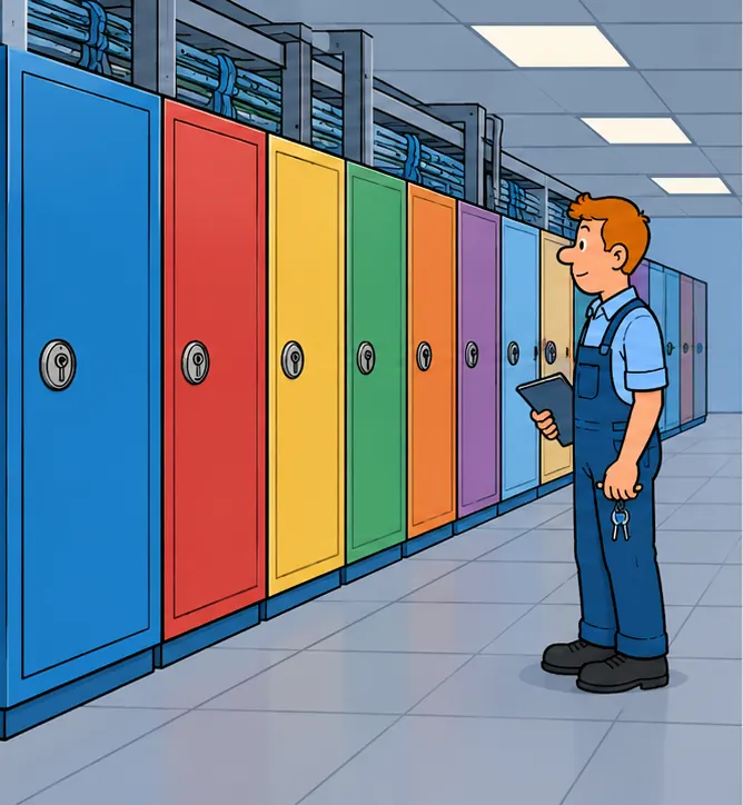 A server room with a long row of separate locked boxes, one box per customer, each a different colour.
