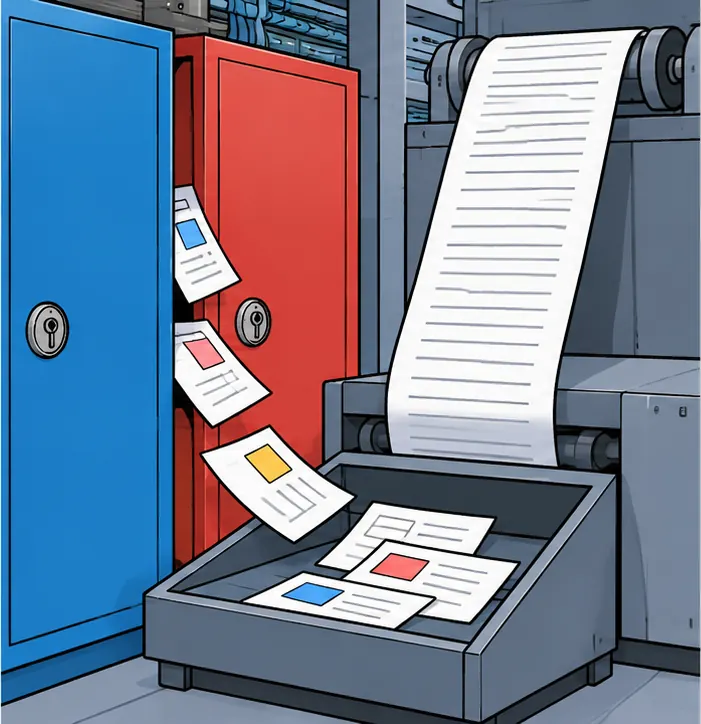 A very long paper scroll feeds into a machine; through a thin crack between two boxes, a few sheets from a neighbouring box slip into the machine's output tray.