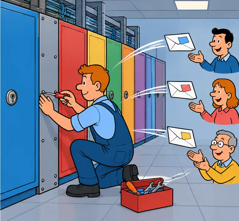 A technician seals the crack with a solid partition so every box is separate again, while envelopes fly off toward the affected customers.