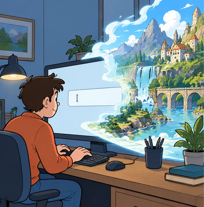 A person at a desk types a short prompt; on the monitor a lush generated landscape world begins to bloom out of the screen.