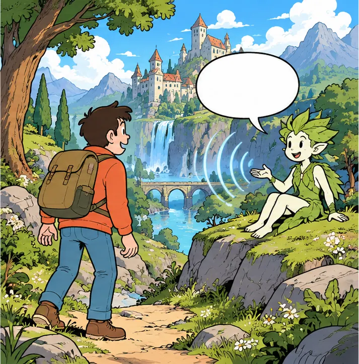 The same person walks inside that generated world; sound waves ripple through it and a friendly character there speaks to them with an empty speech bubble.