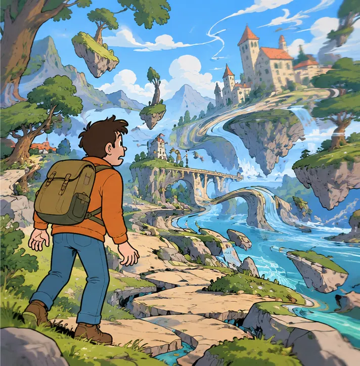 The same world later in the session: the path, trees and rocks subtly warp, smear and drift out of alignment, the scene starting to lose its shape.