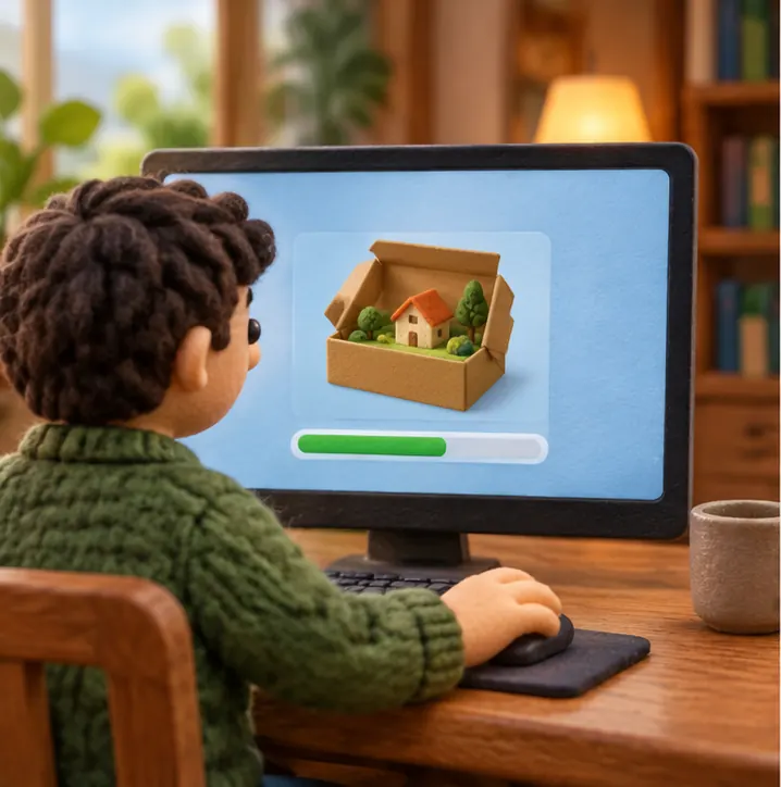 A person at home installs a desktop app that brings a small model in a box onto their computer.