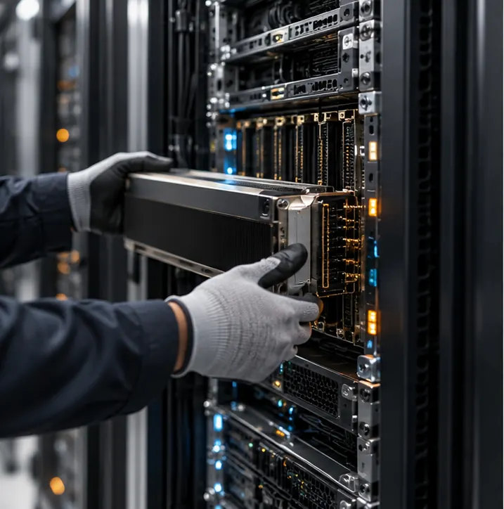 A large mainframe cabinet in a data centre, with a new accelerator card being slotted into it.