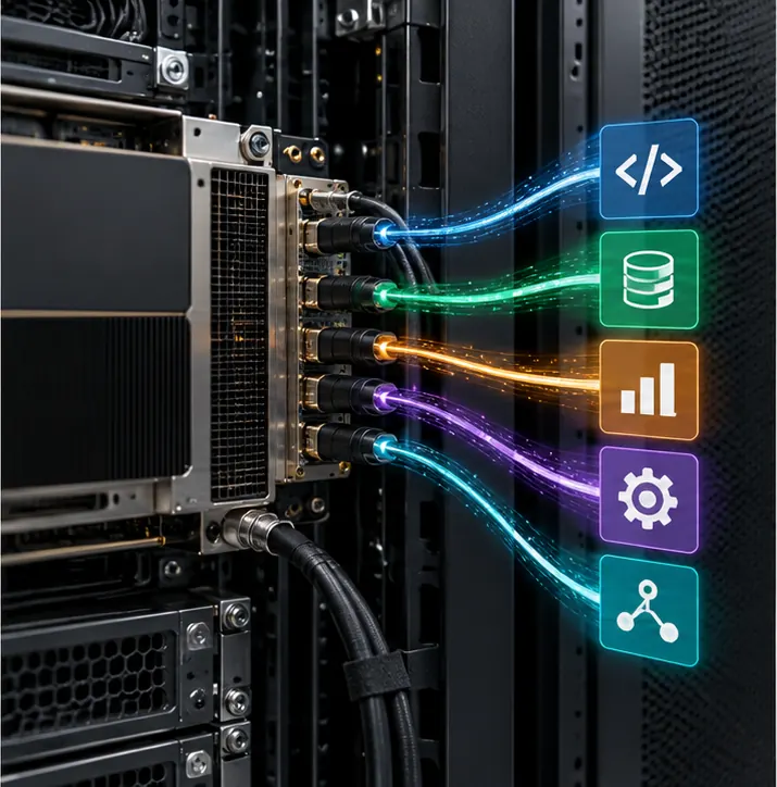 Familiar software tools from a toolbox plug into a connector bridging into the accelerator card.
