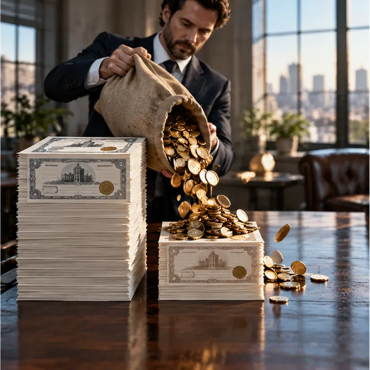 Two piles stand side by side, a large pile of common shares and a smaller pile of preferred shares; a chip supplier's representative drops a heavy bag of coins into the offering.