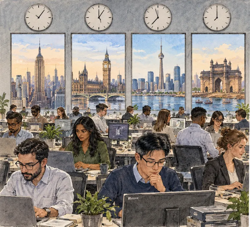A large open-plan office of many employees at desks under four wall clocks; through four windows behind them are the skylines of New York, London, Toronto with the CN Tower, and Mumbai with the Gateway of India.