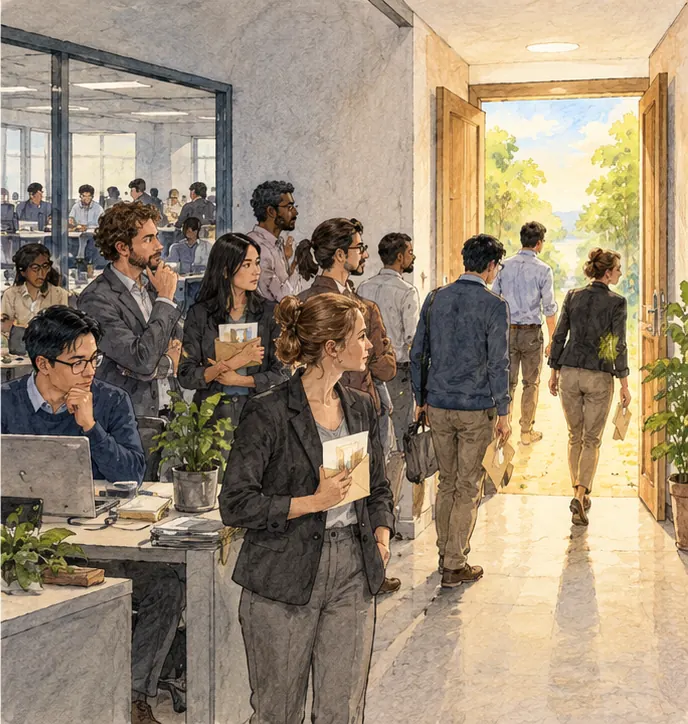 A corridor forks: some employees walk out through a bright open door holding their envelopes, others stay at their desks, many stand undecided in between.