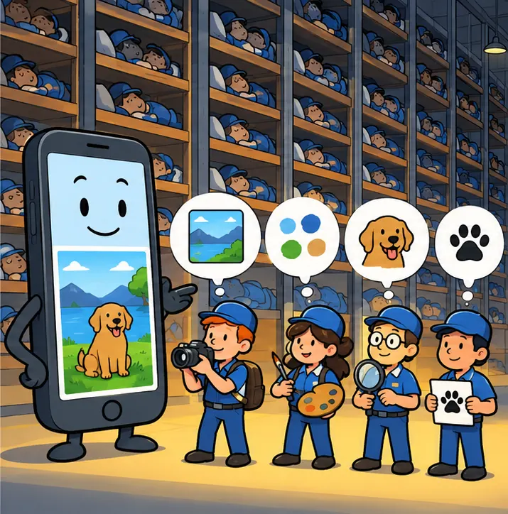 The phone describes the photo using those few workers while the full warehouse of resting workers remains stored behind it.