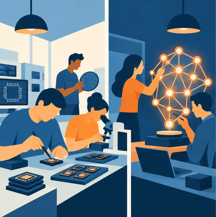 Two separate workshops: one team at a bench building computer chips, another team at a bench tuning a glowing neural-network sculpture.