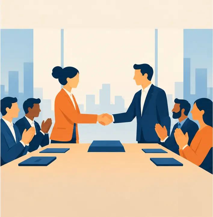 The two team leaders shake hands over a table while two boardrooms of people nod in approval behind them.
