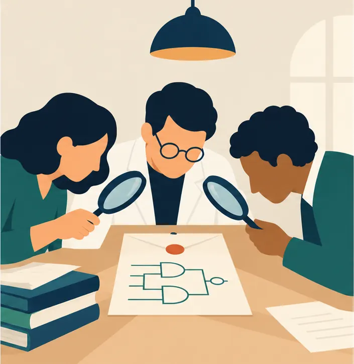 Three outside scholars lean in with magnifying glasses to examine the logic-circuit proof together.