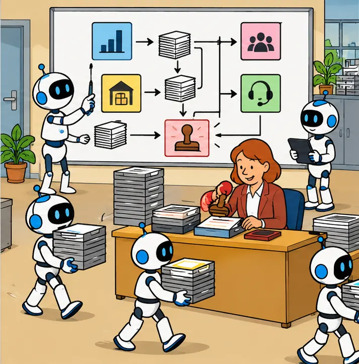 Small agent robots sketch a plan on a whiteboard, then carry trays between departments, stopping at an approval desk where a person stamps them.