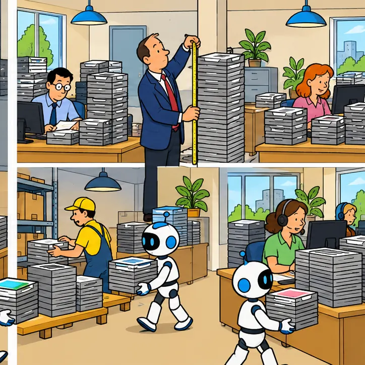 The robots keep working while a manager holds a measuring tape against the queues, the result not yet clear.