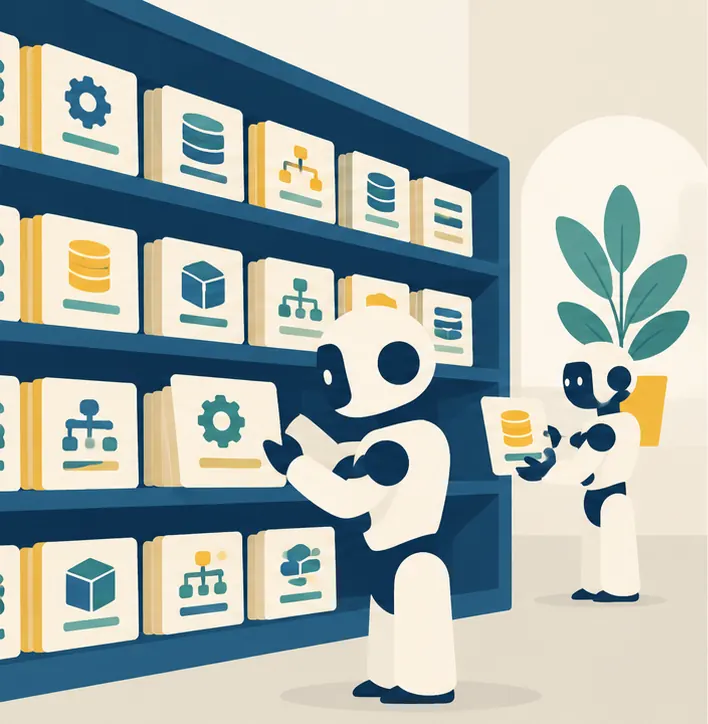A huge open library shelf of recipe cards for configuring business software, free for anyone to take.