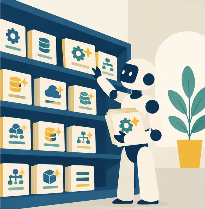 A new version of the software arrives and a librarian robot updates the cards on the shelf to match.