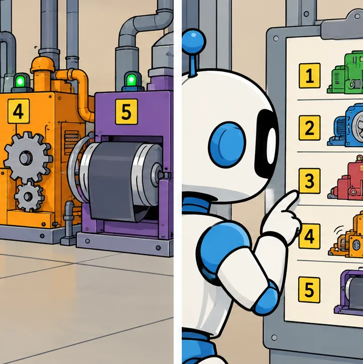 A tidy clipboard list shows every machine neatly, and the robot points at one.
