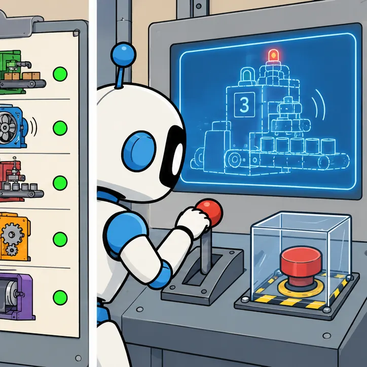 The robot pulls a preview lever that shows a ghostly outline of the machine stopping, while the real stop button stays under a glass cover.