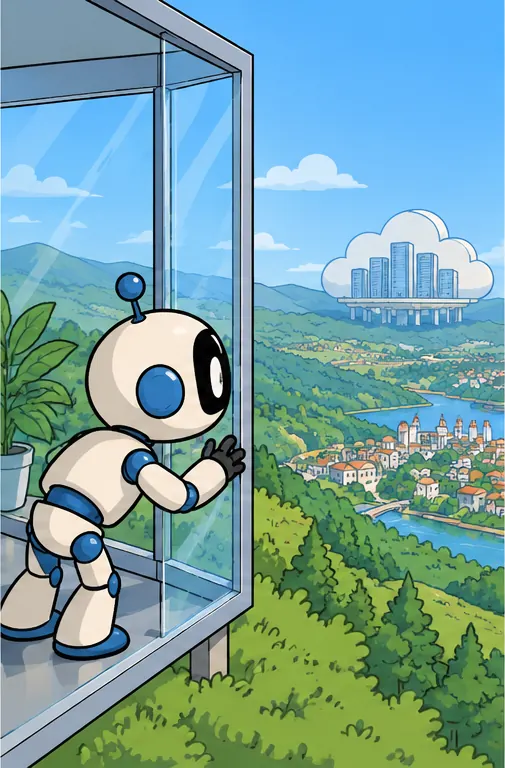 The robot presses against the glass and peers around the walls and corners of its box, inspecting them.