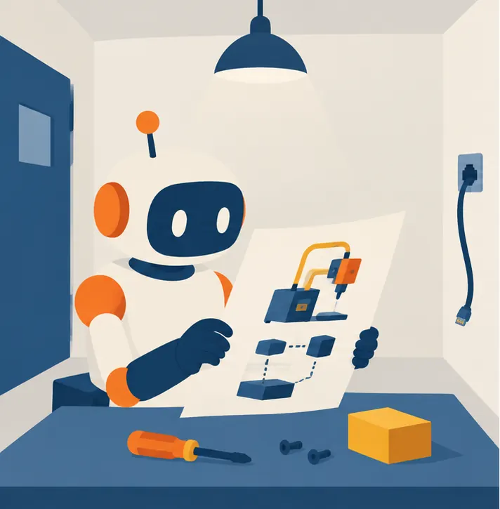 A coding robot sits in a sealed room with its network cable unplugged, reading a printed paper that describes a machine.
