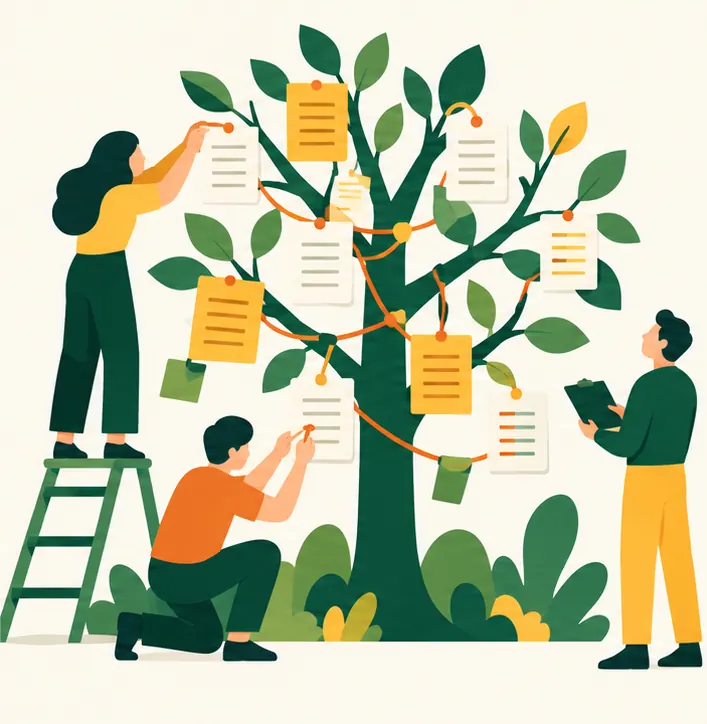 People arrange the documents into a tree with branches and connecting strings while a reviewer checks their work.
