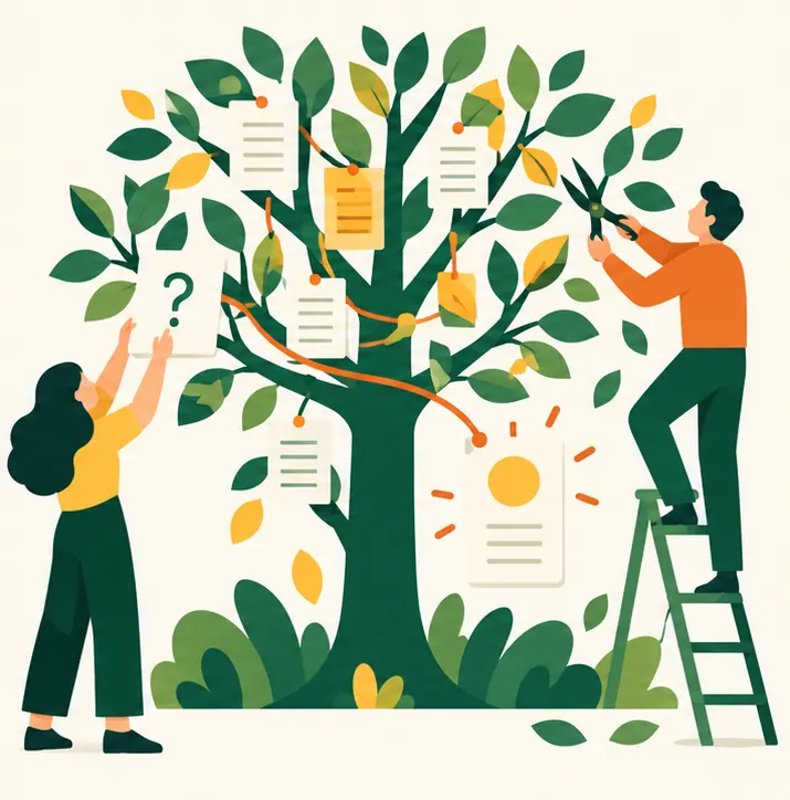 A question goes into the tree and a clear answer card comes out, while a gardener trims the tree as new leaves keep appearing.