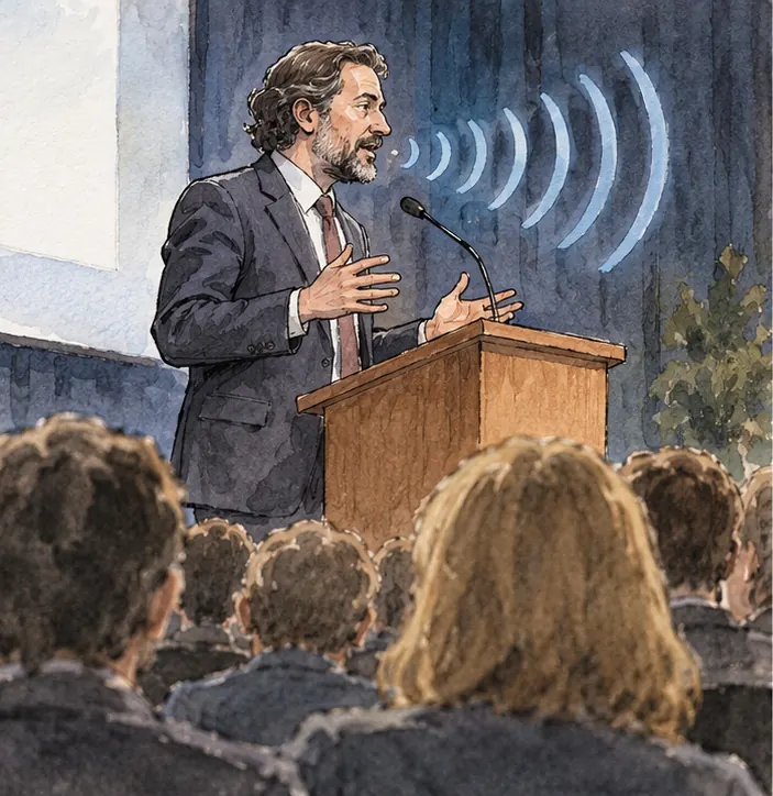 A speaker on a stage talks into a microphone, sound waves flowing out, mid-sentence.