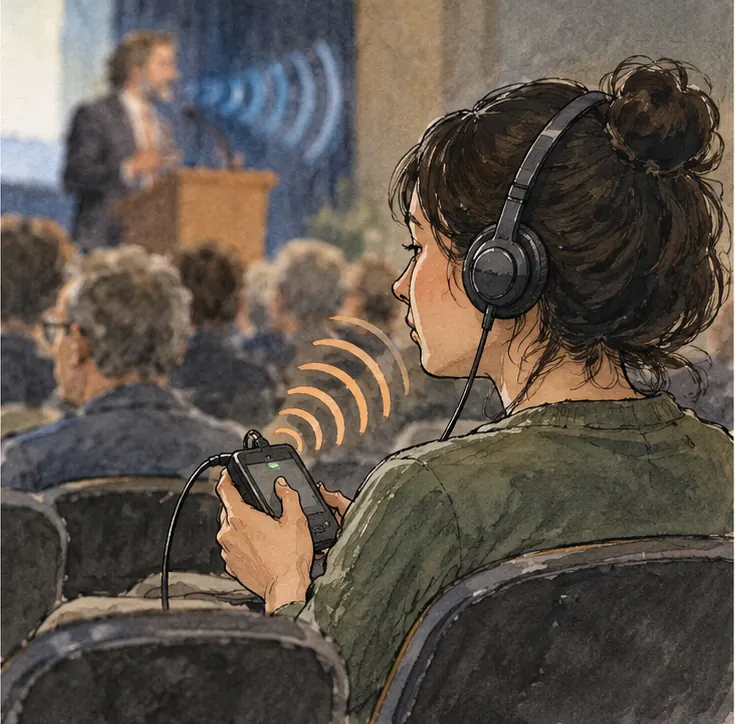A listener in the audience wears headphones receiving a second stream of waves from a small translating machine while the speaker is still talking.