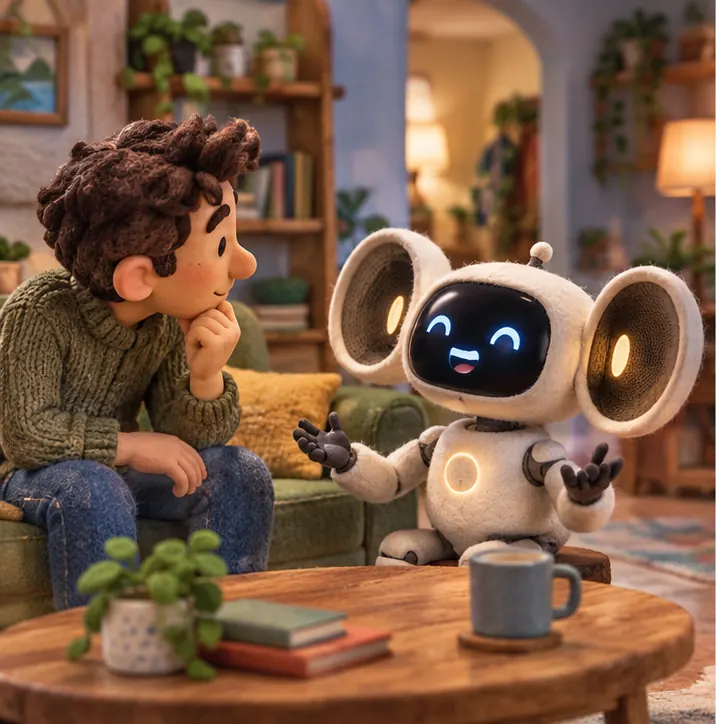 An assistant robot answers a person's question while its large ears stay open, still listening.