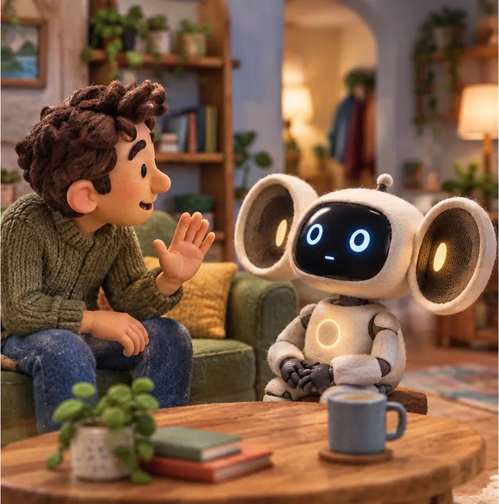 The person raises a hand mid-answer and the robot stops talking to listen.