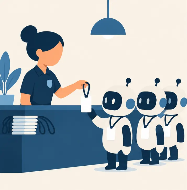 Small robot agents each being issued their own blank identity badge at a security desk
