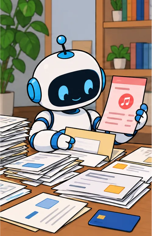 The assistant sorting through a pile of bills and pulling out a forgotten subscription