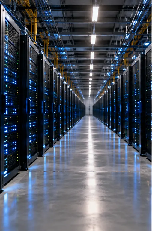 A data centre server hall extending further as new rows of racks light up