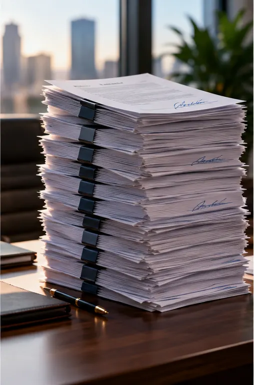 A tall stack of signed contracts waiting on a desk, growing much higher than before