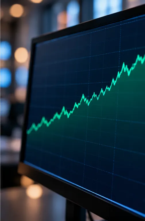 A stock chart line on a trading screen ticking gently upward