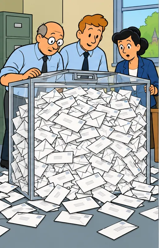 A government mailroom ballot box overflowing with envelopes