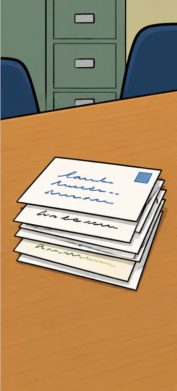 A small remaining stack of handwritten replies on a desk