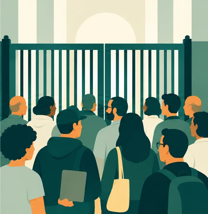 Beyond the gate, a larger crowd of developers, office workers and ordinary people waits at a closed barrier