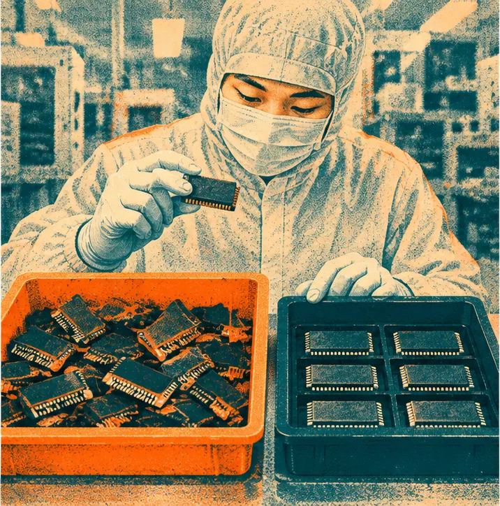 An inspector sorts a tray of stacked memory chips: only a few pass, most are set aside as rejects