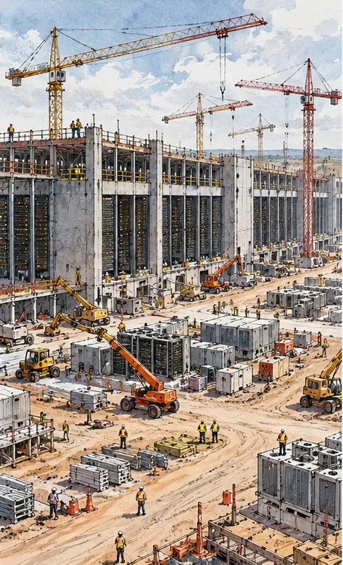 A huge data center under construction, cranes overhead