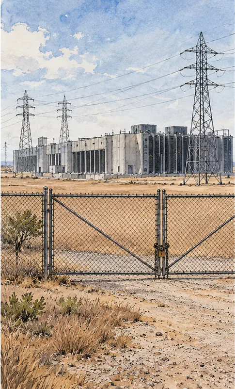 A data-center site on flat Texas plains sits idle behind a closed gate beside power lines