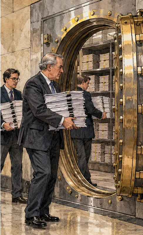 Bankers carry the bundles of loan papers back into their own vault